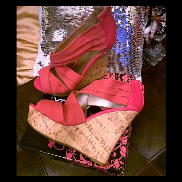 Pink Strappy Cork Platforms - Fuschia Twill - Picture 1 of 8